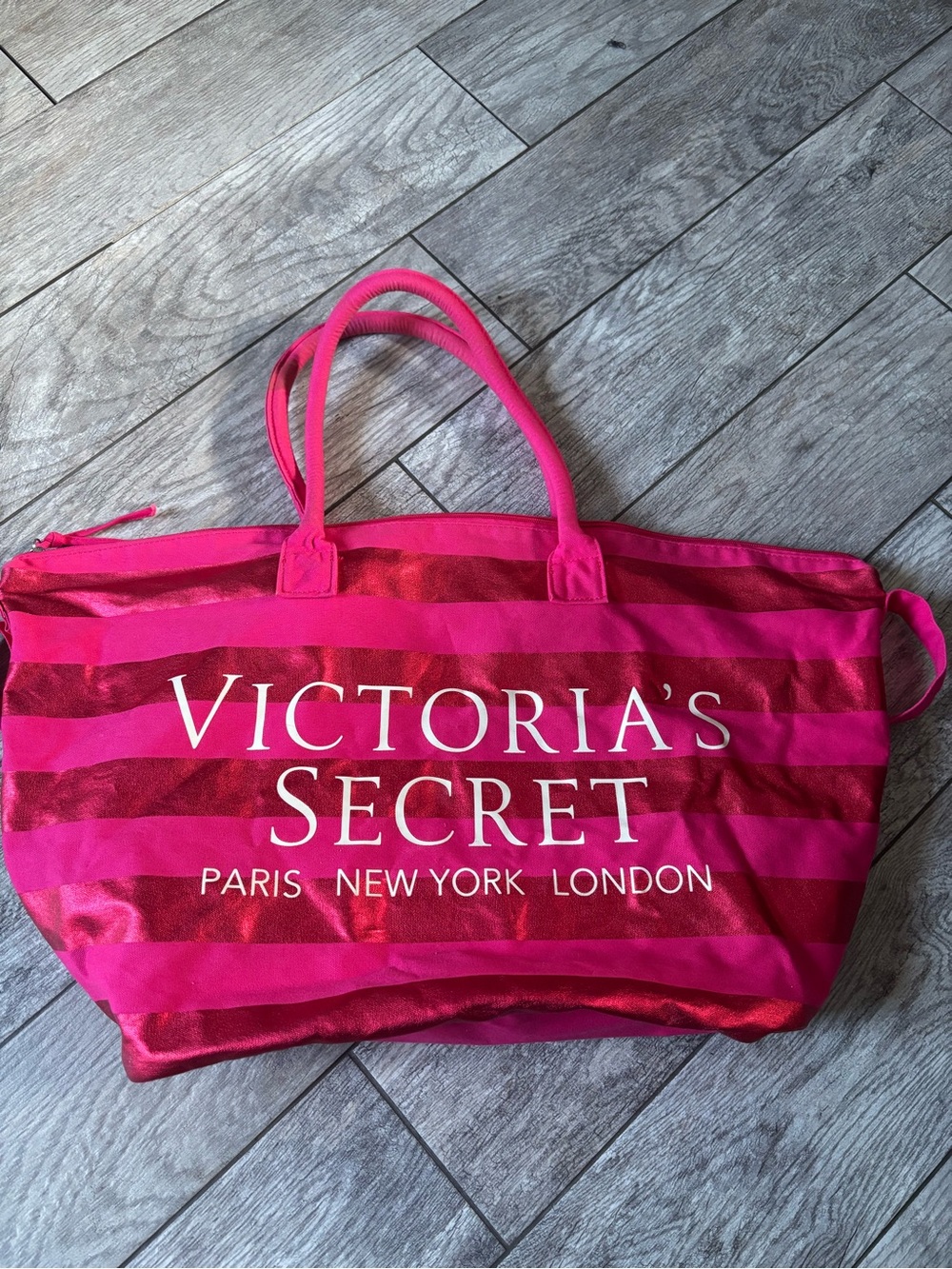 Victoria's Secret Hot Pink and Metallic Pink Striped Tote
